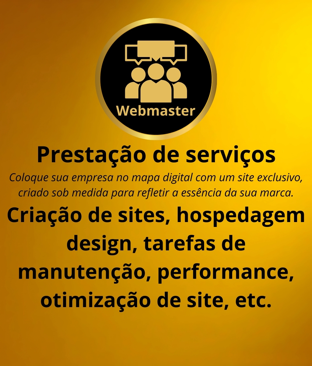 Prestação de serviços Coloque sua empresa no mapa digital com um site exclusivo, criado sob medida para refletir a essência da sua marca. Criação de sites, hospedagem design, tarefas de manutenção, performance, otimização de site, etc.